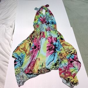 Handmade Bright Floral Animal Print Colorful Halter Neck Beach Cover-up Dress